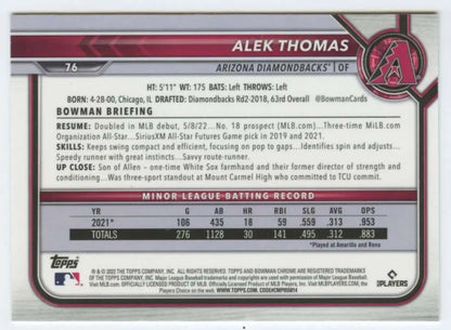 Alek Thomas 2022 Bowman Chrome Rookie Card with Arizona Diamondbacks batting stats