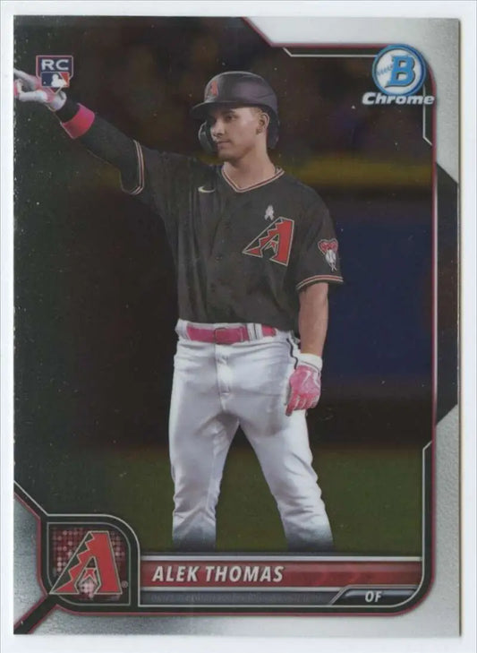 Alek Thomas 2022 Bowman Chrome Rookie Baseball Card for Arizona Diamondbacks in gray uniform