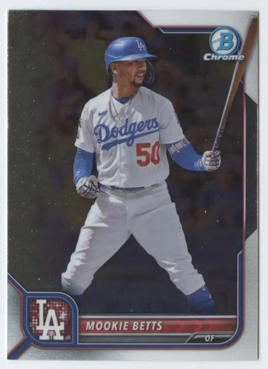 Baseball card of Mookie Betts in white uniform number 50 for Los Angeles Dodgers