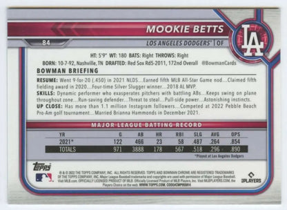 Mookie Betts Los Angeles Dodgers baseball card 2022 Bowman Chrome #84 NM-MT
