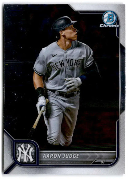 Aaron Judge in gray uniform holding bat on 2022 Bowman Chrome Baseball Card