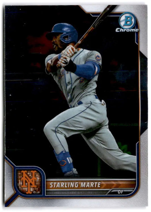 Baseball card of Starling Marte in a batting stance for New York Mets gray uniform