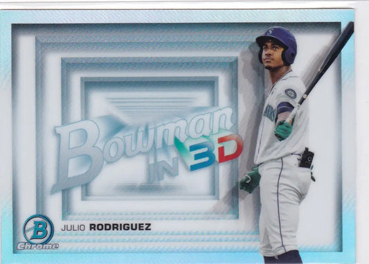 Baseball card of Julio Rodriguez from the Seattle Mariners in 2022 Bowman Chrome