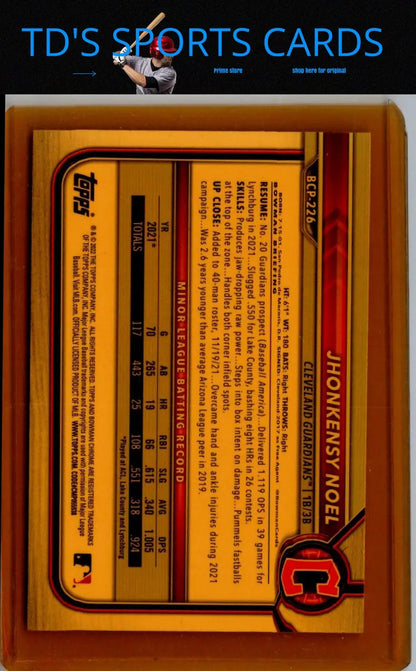 Baseball card back for 2022 Bowman Chrome Jhonkensy Noel Prospects Mojo Refractor