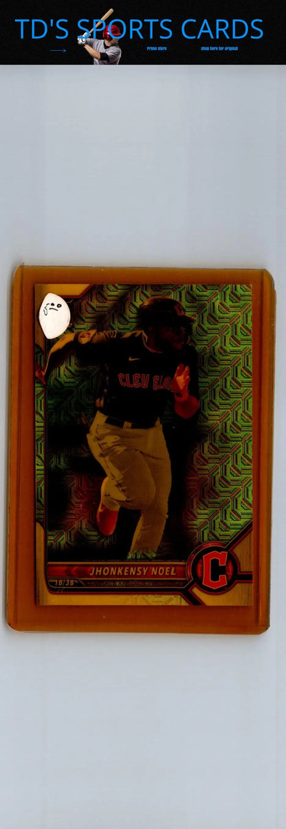 Framed Jhonkensy Noel prospects mojo refractor baseball card from 2022 Bowman Chrome