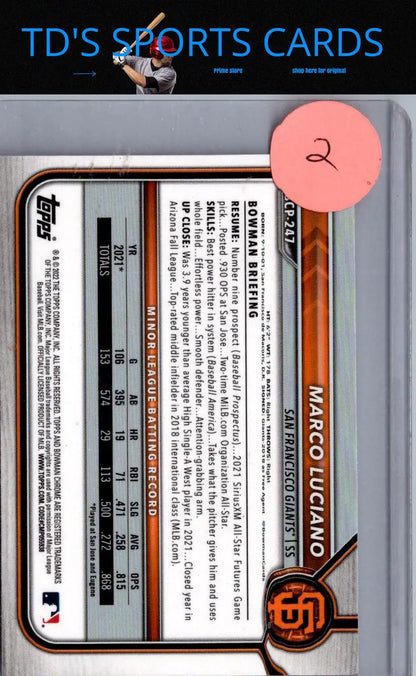 Marco Luciano baseball card from 2022 Bowman Chrome Luciano Prospects Shimmer Refractor