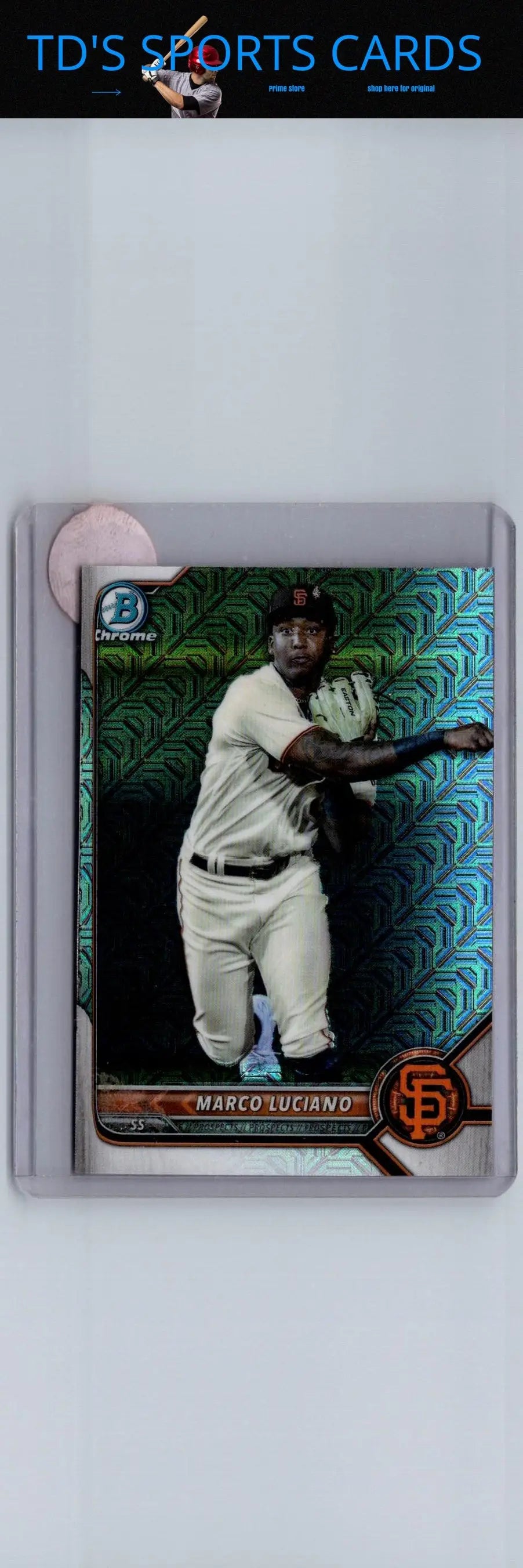 Baseball card featuring Marco Luciano prospects in mid-swing from 2022 Bowman Chrome Luciano Prospects Shimmer Refractor