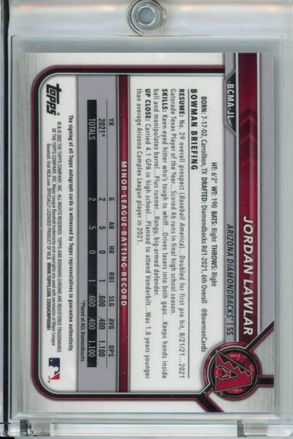 Jordan Lawlar baseball card from 2022 Bowman Chrome Mega Box Mojo Autographed Refractor