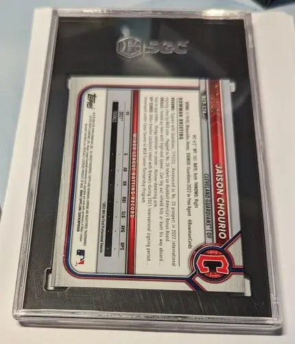 Graded Jaison Chourio Bowman Chrome Mega Box Mojo Refractor Blue trading card in protective slab