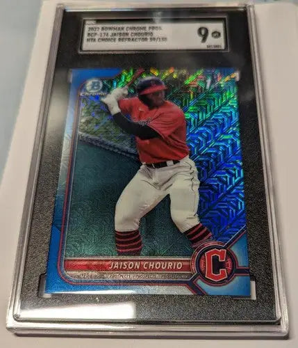 Graded 2023 Bowman Chrome Prospect Jaison Chourio baseball card in mega box mojo refractor