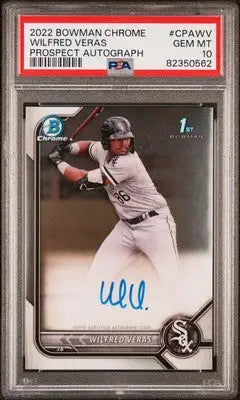 A graded 2022 Bowman Chrome Prospect Wilfried Veras autograph baseball card in PSA 10