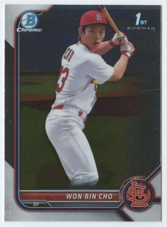 Baseball card of St. Louis Cardinals player in white uniform from Bowman Chrome Prospects