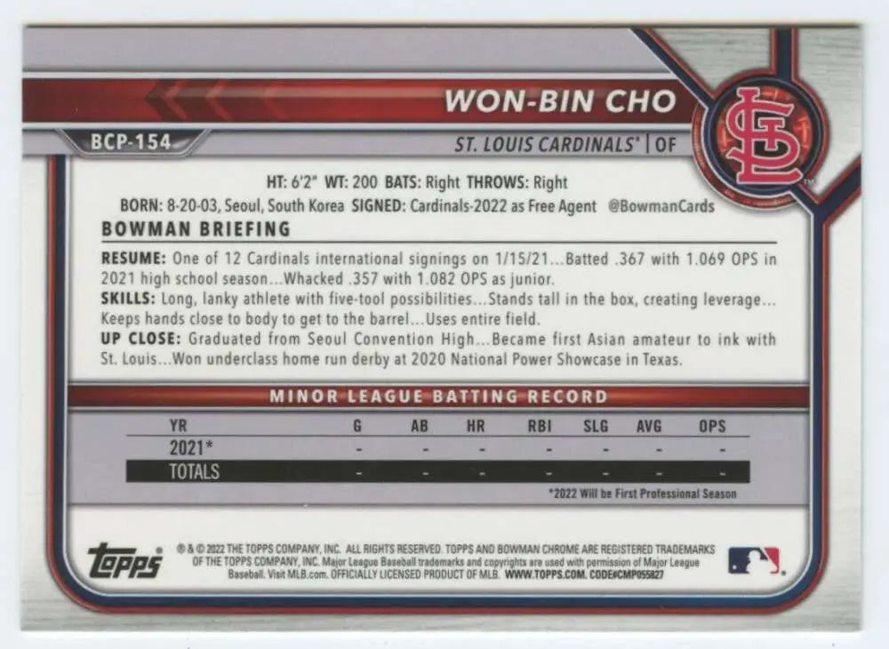Baseball card of Won-Bin Cho from 2022 Bowman Chrome Prospects for St. Louis Cardinals