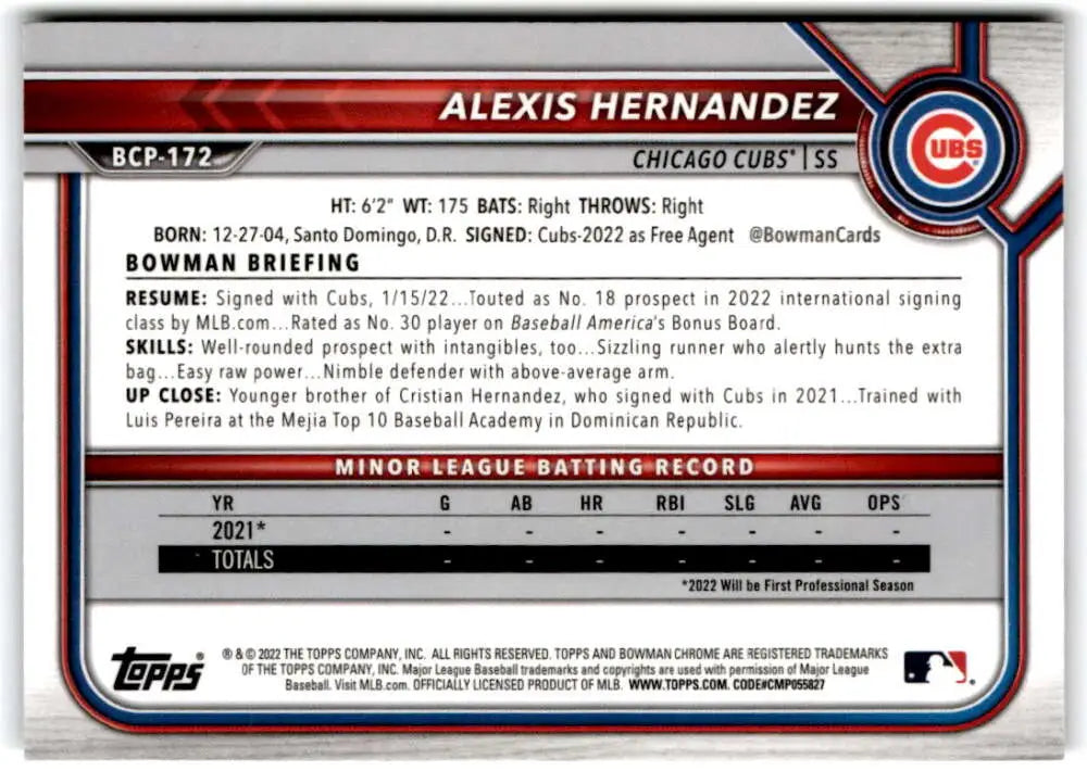Baseball card featuring Alexis Hernandez statistics from Bowman Chrome Prospects