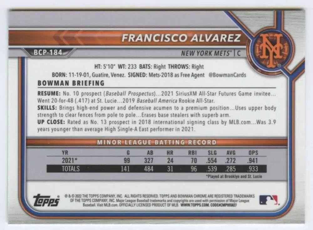 Baseball card of Francisco Alvarez showcasing New York Mets minor league stats and details