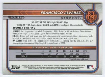 Baseball card of Francisco Alvarez showcasing New York Mets minor league stats and details