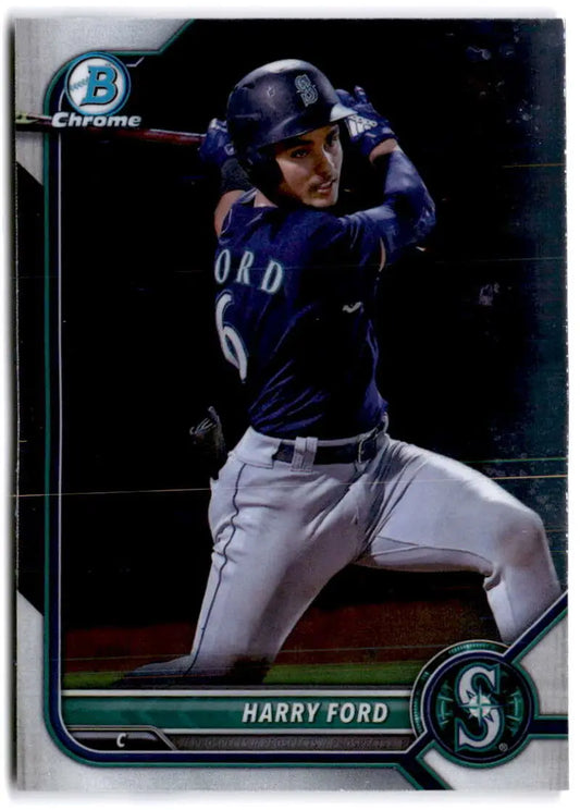 Harry Ford at bat in navy Mariners uniform on 2022 Bowman Chrome Prospects card