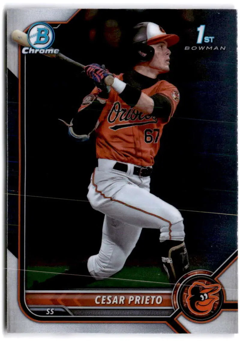 Cesar Prieto swinging bat in orange Orioles jersey, 2022 Bowman Chrome Prospects card