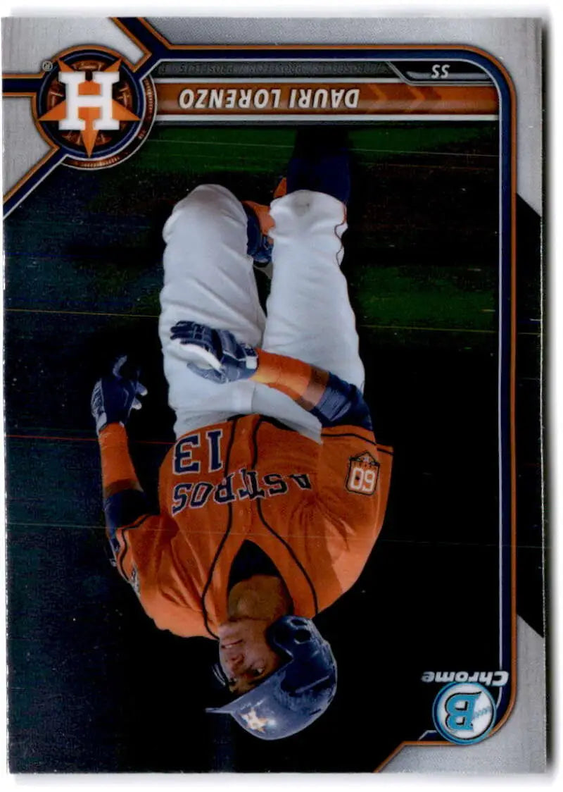 Baseball card of Dauri Lorenzo upside down in orange Astros jersey, Bowman Chrome Prospects