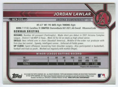 Baseball card featuring Jordan Lawlar from 2022 Bowman Chrome Prospects for Arizona Diamondbacks