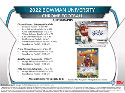 2022 Bowman Chrome University Football Blaster with Superfractor, Aqua Refractor, and Lava Refractor parallels