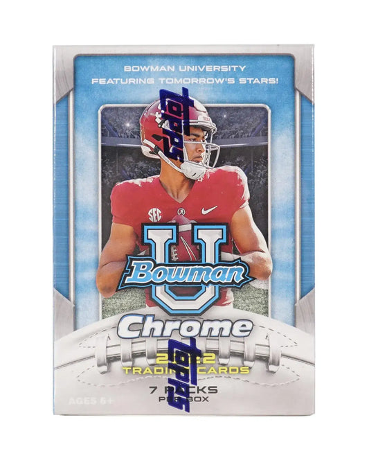 2022 Bowman Chrome University Football Blaster with 7 packs featuring superfractor and lava refractor parallels