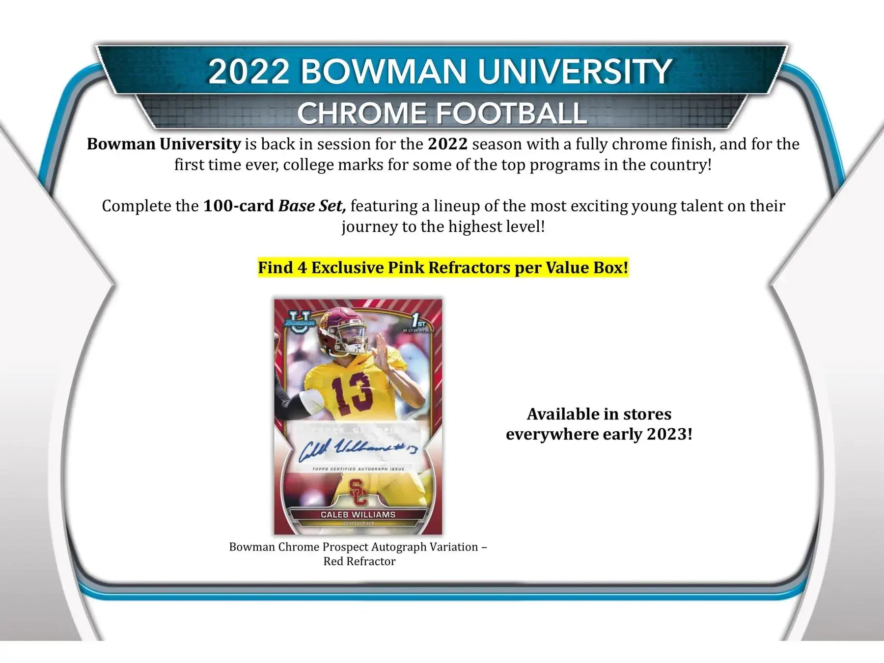 Promotional flyer for 2022 Bowman Chrome University Football Blaster with superfractor parallel