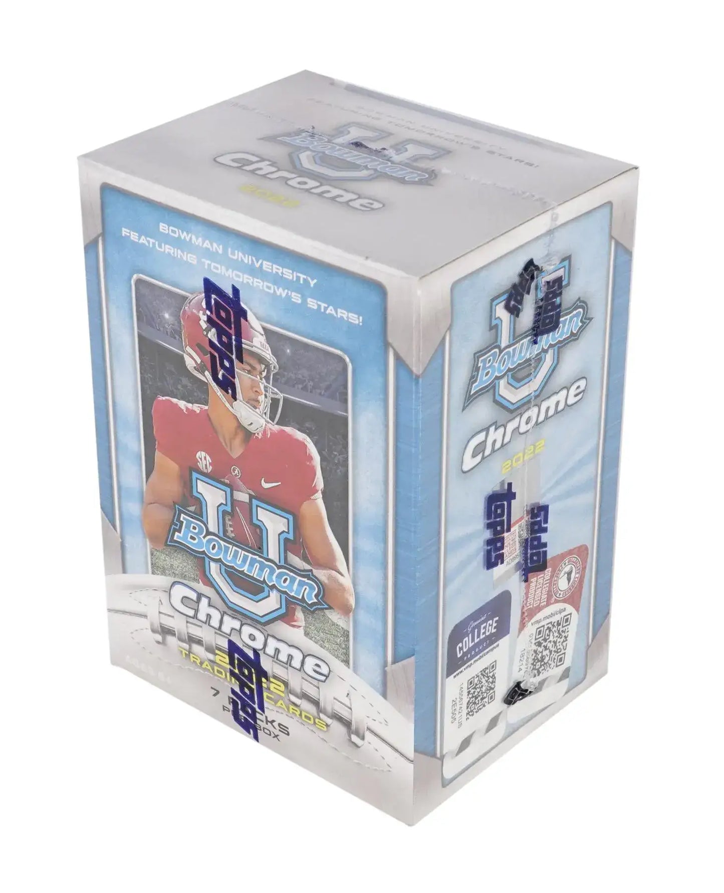 Sealed box of Bowman University Chrome Football trading cards with superfractor parallel