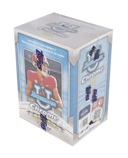 Sealed box of Bowman University Chrome Football trading cards with superfractor parallel
