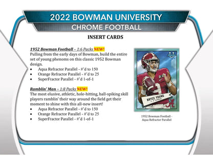 Baseball card insert list with 1952 Bowman Football, Ramblin Man, superfractor, aqua, lava parallels for 2022 Bowman Chrome University Football Blaster