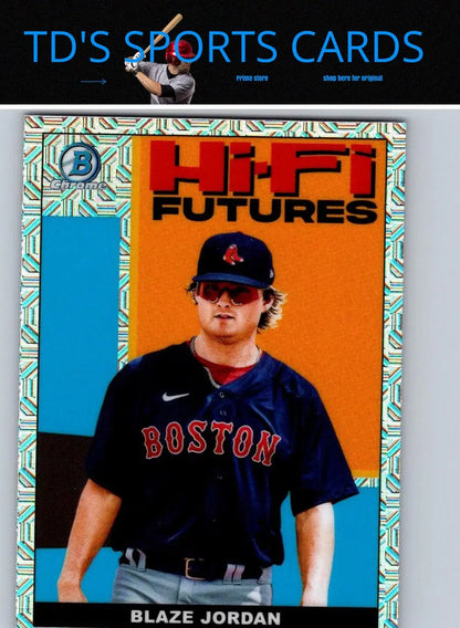 Blaze Jordan baseball card from 2022 Bowman Hi-Fi Futures Green Refractors series
