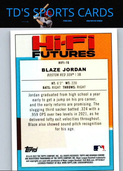 Baseball card back of Blaze Jordan 2022 Bowman futures green refractors #/99