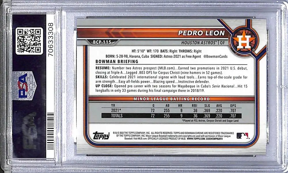 Graded Pedro Leon baseball card from 2022 Bowman Mega Box Pink BCP-115 PSA 10
