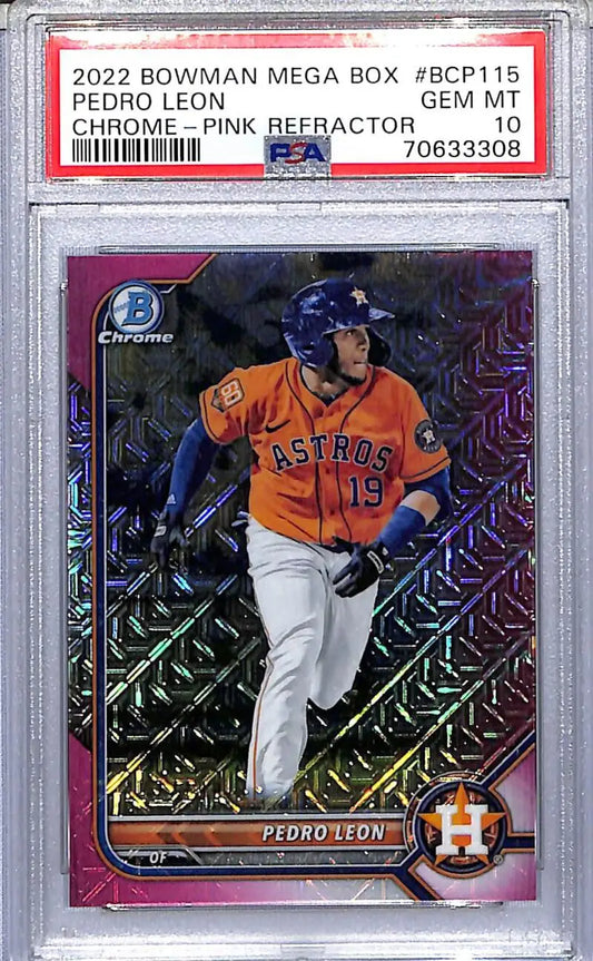 Graded Pedro Leon baseball card from 2022 Bowman Mega Box Pink series in PSA 10 GEM MINT