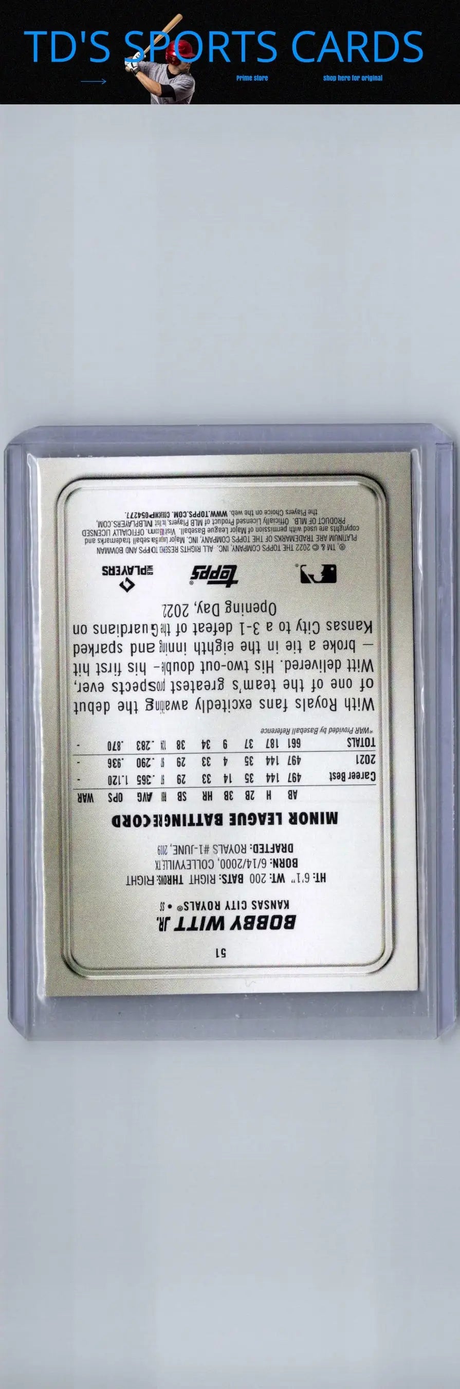 Baseball card in protective case featuring Bobby Witt Jr. Bowman Platinum 2022 collectible