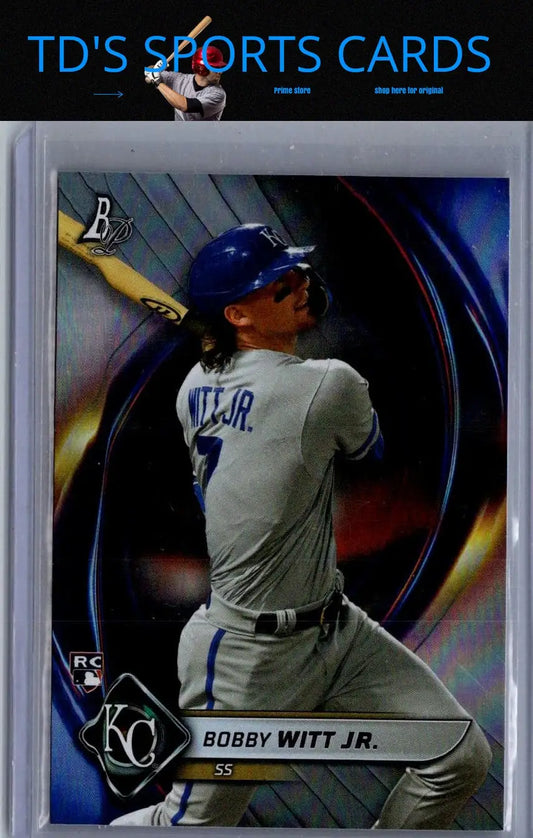 Bobby Witt Jr. baseball card from 2022 Bowman Platinum series visually displayed