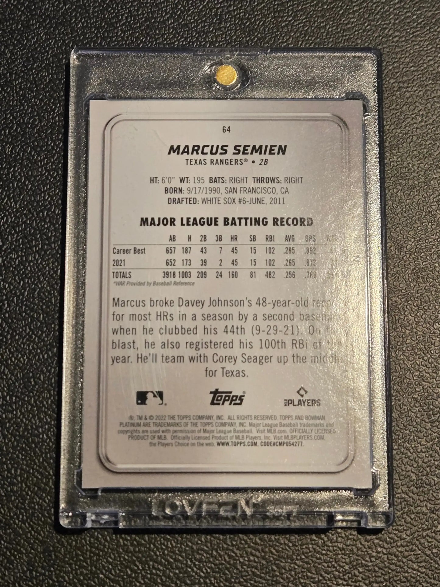 Back of Marcus Semien baseball card in protective case featuring 2022 Bowman Platinum Green Icy Foil