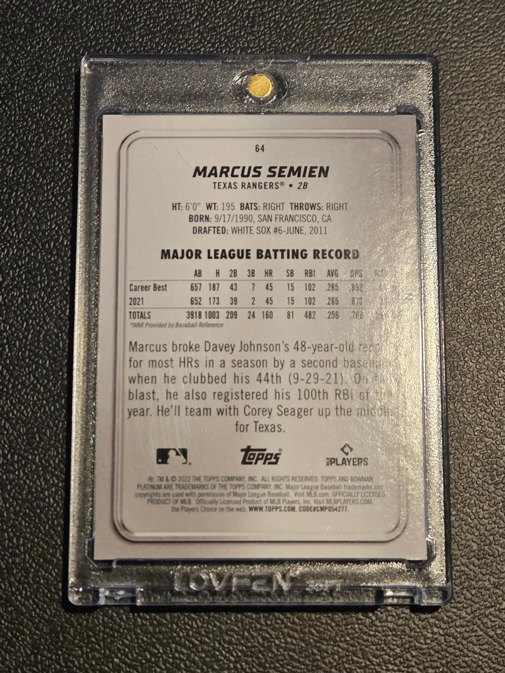 Back of Marcus Semien baseball card in protective case featuring 2022 Bowman Platinum Green Icy Foil