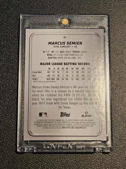 Back of Marcus Semien baseball card in protective case featuring 2022 Bowman Platinum Green Icy Foil