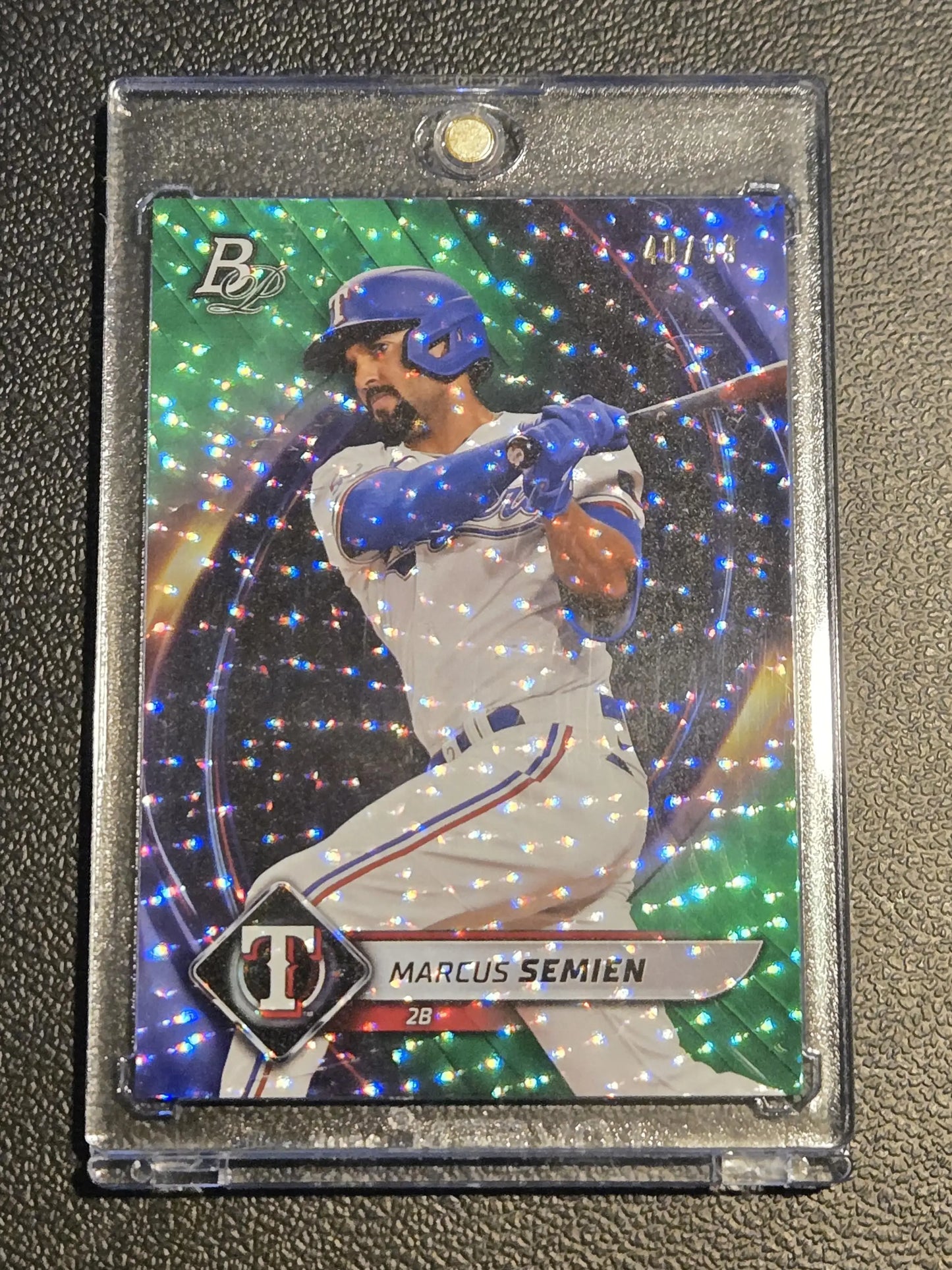 Baseball trading card of Marcus Semien in protective case, 2022 Bowman Platinum Semien Green Icy Foil