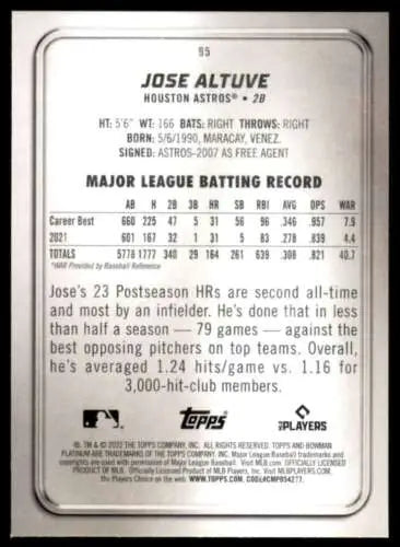 Jose Altuve baseball card from 2022 Bowman Platinum #95 with original gloss finish