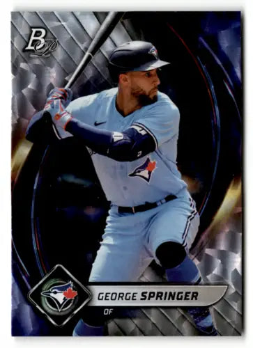 Baseball card of George Springer in powder blue uniform from Bowman Platinum Ice Foilboard