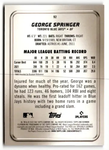 Baseball card featuring George Springer’s batting stats from 2022 Bowman Platinum Ice Foilboard