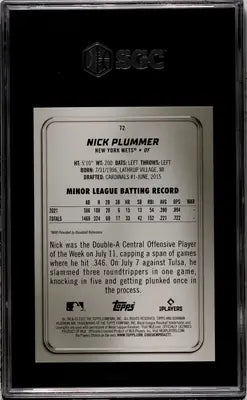 Graded Bowman Platinum Nick Plummer baseball card showcasing Blue 27/150 SGC 10