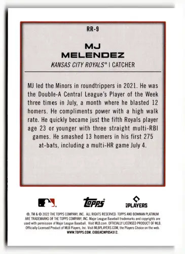 2022 Bowman Platinum Renowned Rookies #RR-9 MJ Melendez NM-MT Royals ID:51648 - Trading Cards