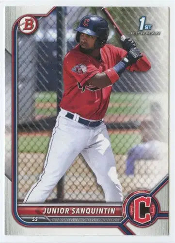 Collectible baseball card of Junior Sanquintin in red jersey holding bat, 2022 Bowman Prospects