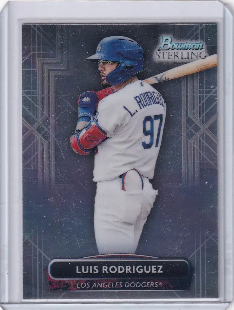 Baseball card of Luis Rodriguez Los Angeles Dodgers in batting stance, BCP87 Bowman Sterling
