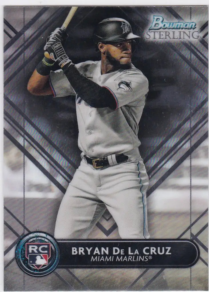 Baseball card of Bryan De La Cruz RC Miami Marlins in batting stance from Bowman Sterling