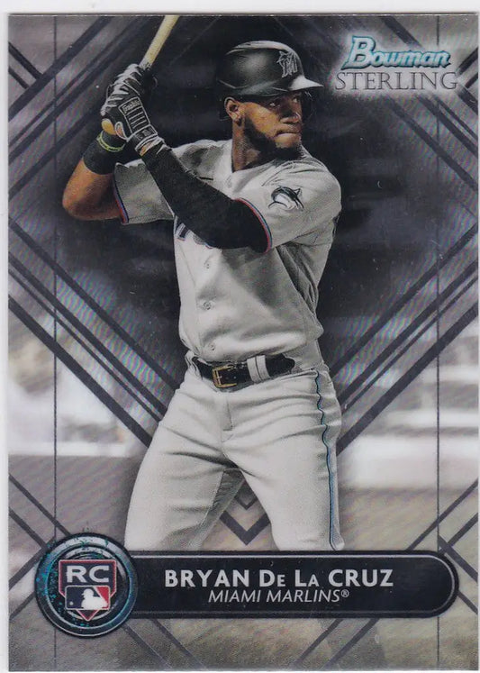 Baseball card of Bryan De La Cruz RC Miami Marlins in batting stance from Bowman Sterling