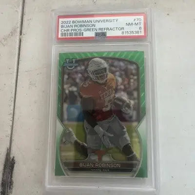 Graded Bowman University Bijan Robinson green refractor football trading card /99 Psa 8
